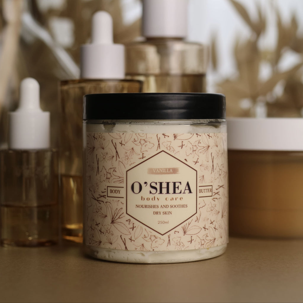 vanilla scented organic handmade body butter on a table