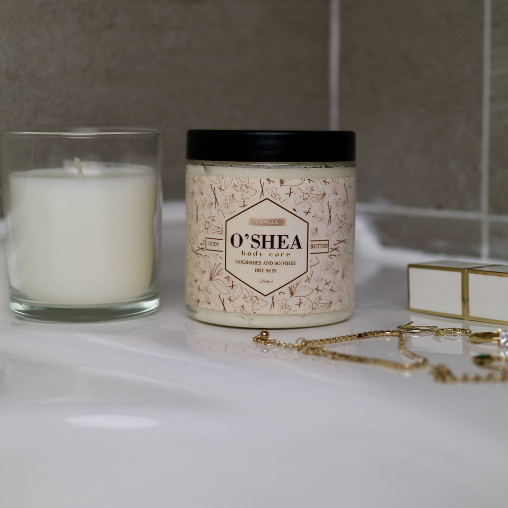 Organic vanilla shea body butter in a bathroom