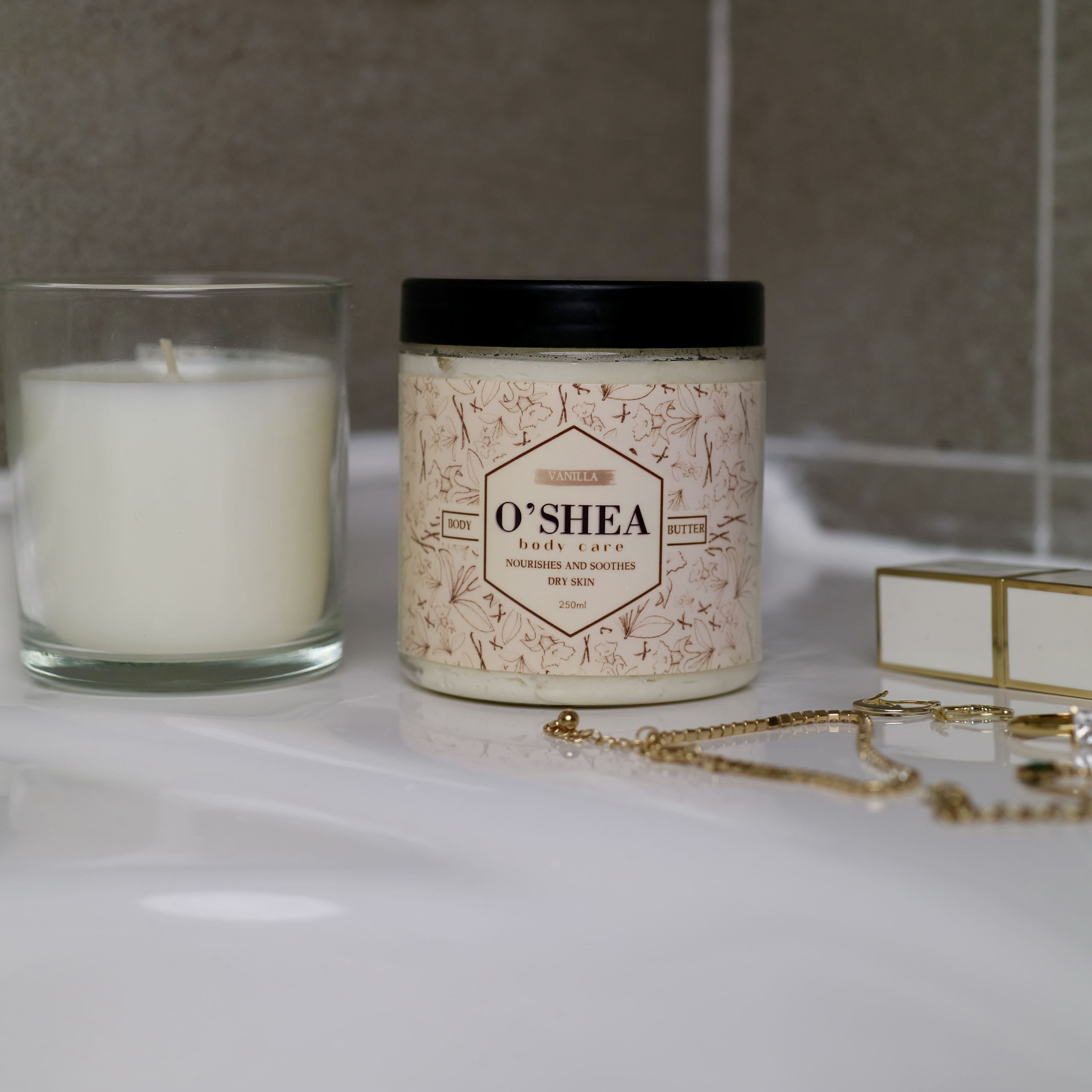 Organic vanilla shea body butter in a bathroom