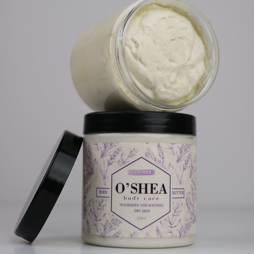 natural lavender whipped shea body butter with an open jar on top