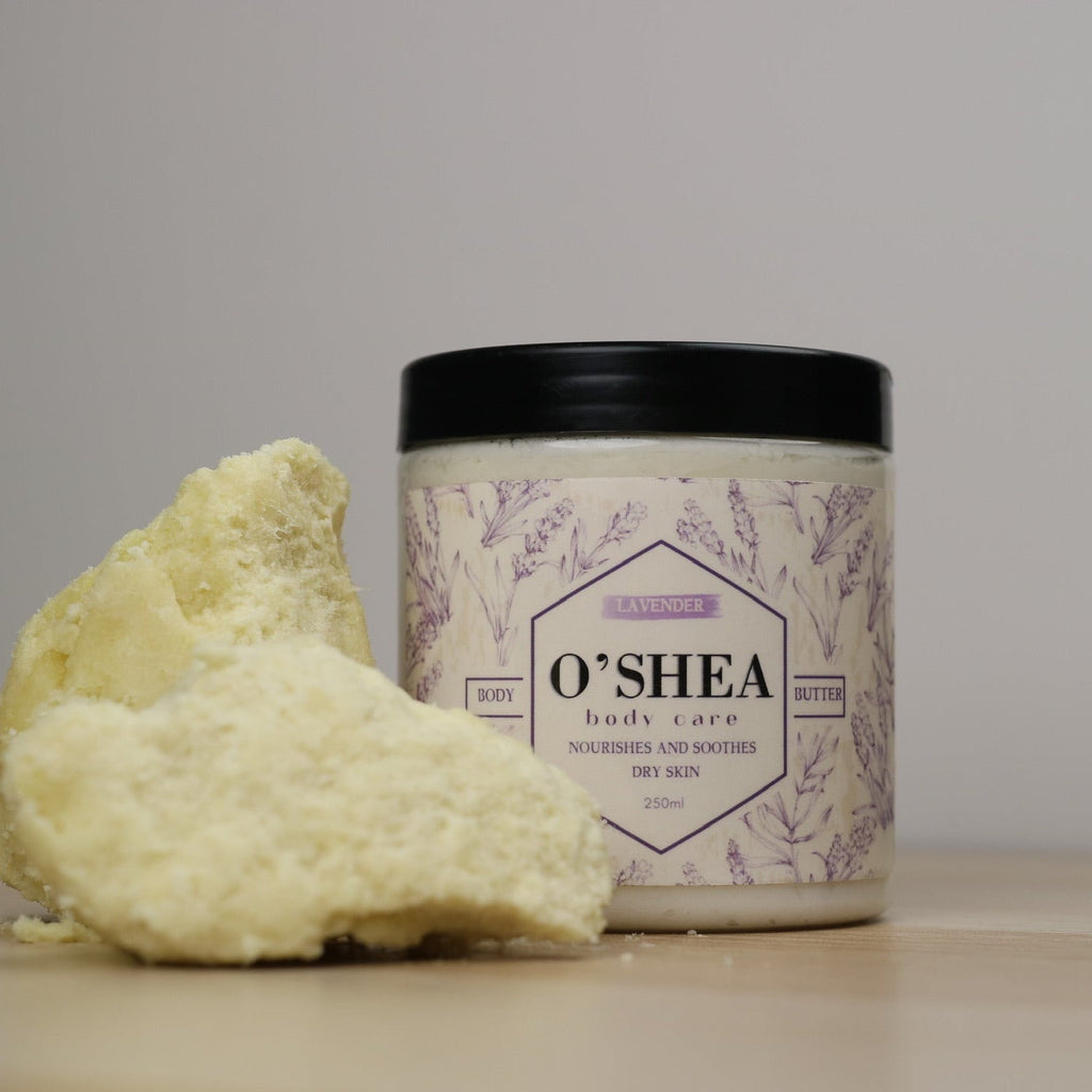 jar of lavender shea body butter next to raw, unrefined shea butter
