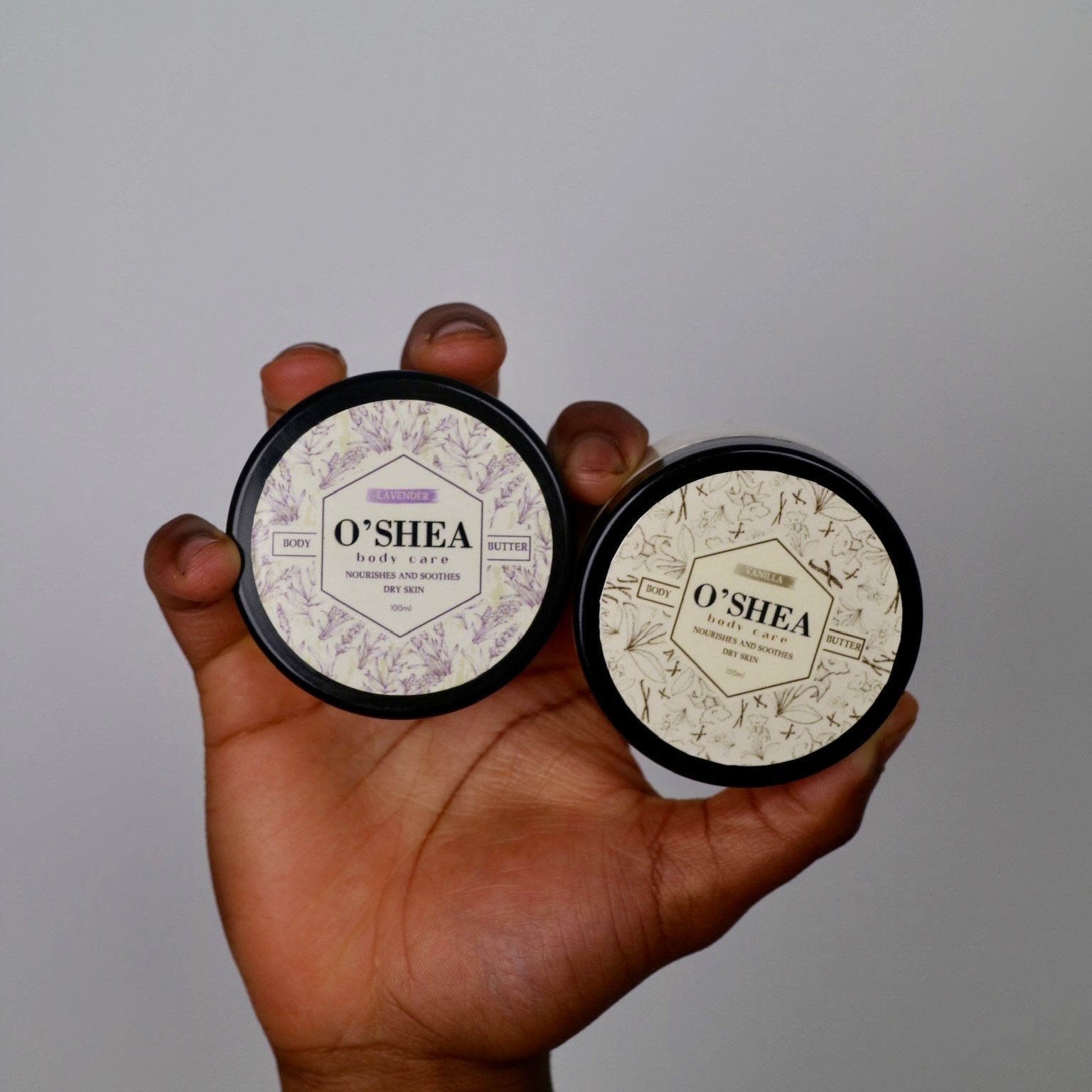 two 100ml jars of shea body butter, lavender and vanilla